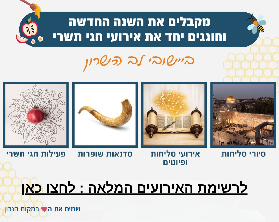 מקבלים את השנה החדשה וחוגגים את אירועי חגי תשרי ביישובי לב השרון. סיורי סליחות, אירועי סליחות ופיוטים, סדנאות שופרות, פעילויות חגי תשרי.  פרטים נוספים במחלקה לזהות יהודית ושירותי דת: 073-2521578. לרשימת האירועים המלאה לחץ כאן